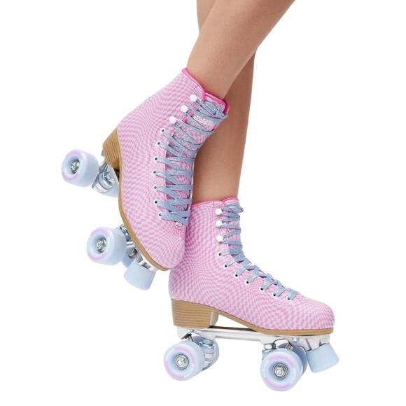 Impala Size 10 Pink White Wavy Check Quad Roller Skates PVC Lace Up BR5-6 - Picture 1 of 9